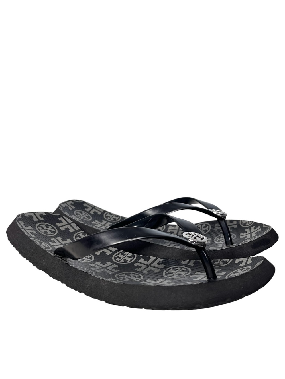 Tory Burch Black Gray Monogram Double T Medallion Thong Flip Flop